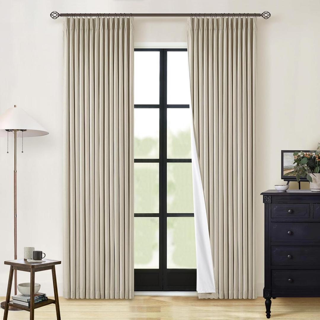 Neutral Pinch Pleated Linen Blackout Curtains 84 Inch Length 2 Panels Insulated Thermal Full Blackout Dual Layer Drapes for Bedroom Living Room Darkening Taupe Pinch Pleat Curtains with Hooks Rings (Burlywood Birch)