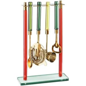 5-Piece Gold Bartender Kit with Stand. Stainless Steel Bar Tool Set, Colorful Handles. Includes Jigger, Strainer, Spoon, Bottle Opener Luxury Home Bar Cart Accessories, Cocktail Decor & Mixer Gift Set