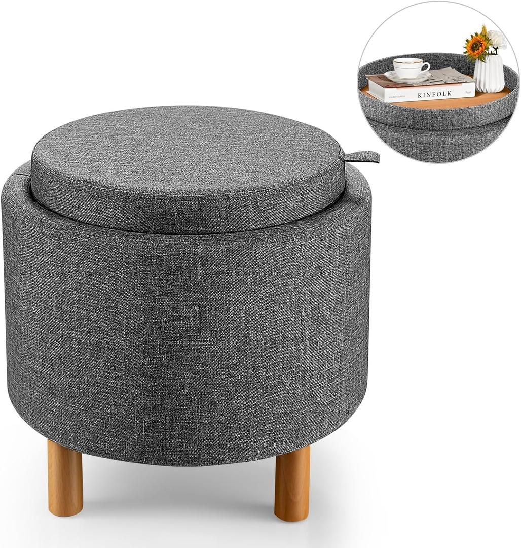 SlickBlue Round Storage Ottoman with Removable Lid, Tray, and Soft Cushion Seat