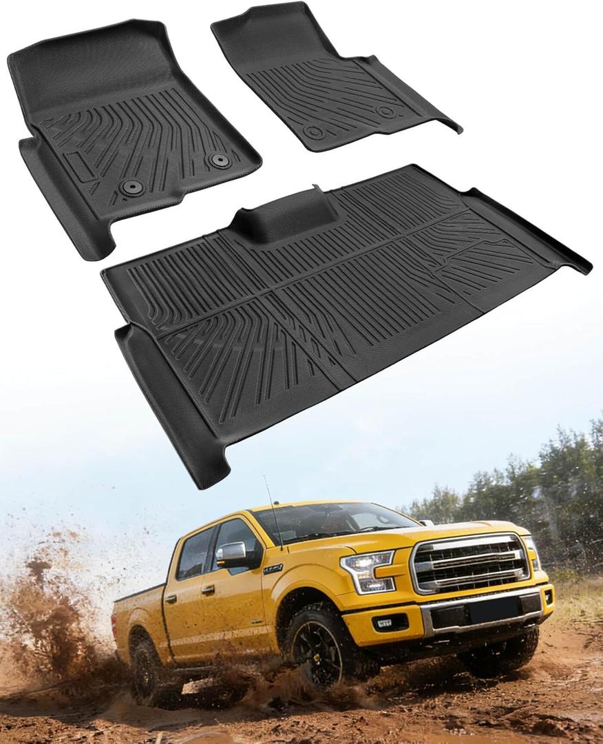 Car Floor Mats for Ford F150: 2010-2014 SuperCrew/Crew Cab BucketSeat, All Weather Rubber Truck Floor Liners for F-150 Accessories 2011 2012 2013, Custom Fit Front Rear Carpet for Pickup, 3PCS, Black