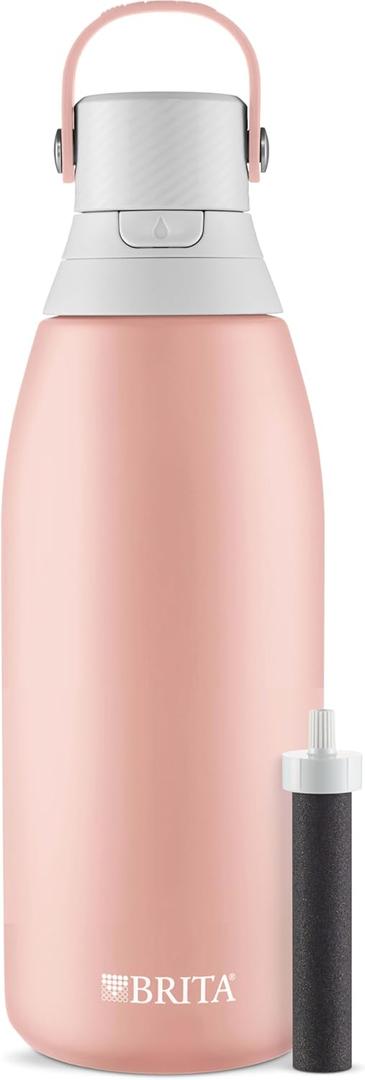 Brita Premium Filtering Water Bottle, Stainless Steel, Rose, 32 oz | BPA-Free, Reusable, Insulated, Replaces 300 Plastic Water Bottles, Filter Lasts 2 Months, 40 Gallons, Includes 1 Filter