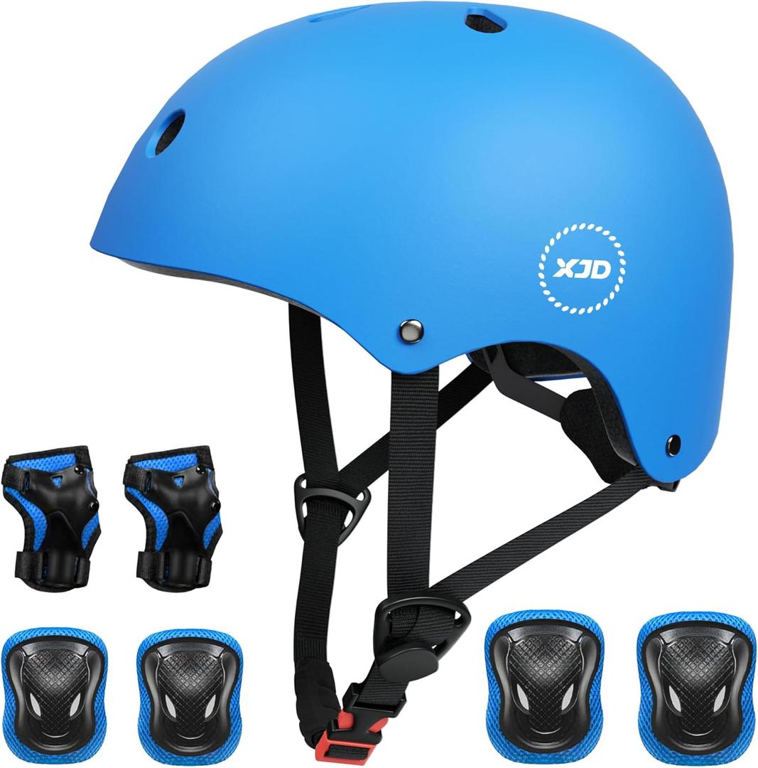 XJD Kids Bike Helmet,Multi-Sport Protective Gear Set for 3-5-8-14 Years Boys Girls with Knee and Elbow Pads Wrist Guards fit Roller Skates,Cycling,Skateboarding,Christmas Birthday Gifts for Kids (Medium, Blue)