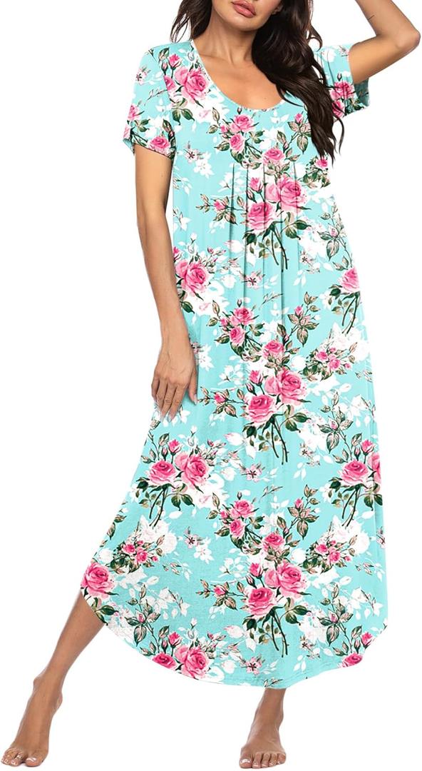 Ekouaer Long Nightgowns for Women House Dress Plus Size Sleepwear Pleated Full Length Loungwear, (Medium)