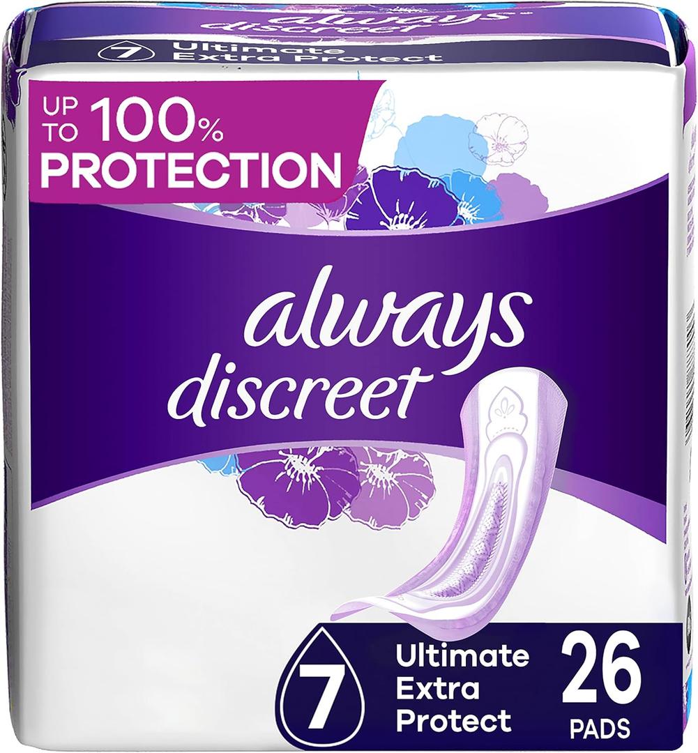 Always Discreet Incontinence Pads for Women and Postpartum Pads, Ultimate Extra Protect, 26 CT, up to 100% Bladder Leak Protection (Long)