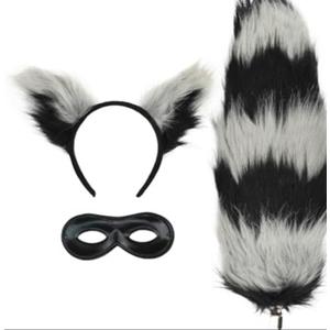 PATURPINT Halloween Costume Raccoon Set, Black and White Furry Ears Headbandi, Tail with Eye Mask, 3-Piece Dress Up Accessories