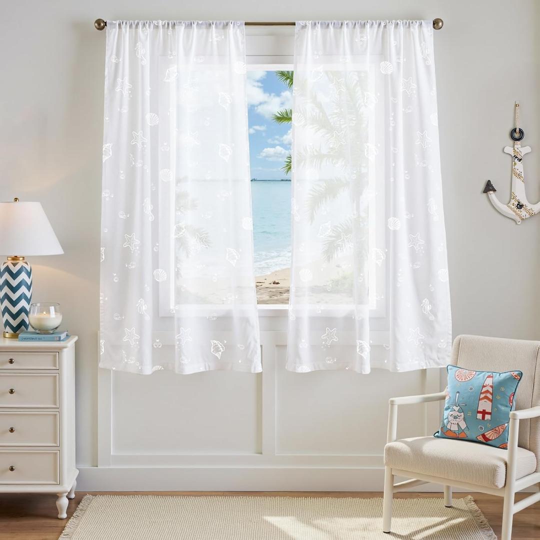 jinchan White Sheer Curtains for Living Room Bedroom Coastal Nursery Curtains 63 Inch Long Beach House Voile Transparent Seashell Seahorse Printed Window Treatments Set Rod Pocket 2 Panels