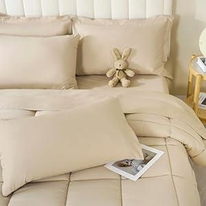 DOWNCOOL King Size Comforter Set, 7Pcs Bedding Comforter Sets Beige, All Season Down Alternative Bedding Comforter Sets with Comforter, Flat Sheet, Fitted Sheet, 2 Pillow Shams & 2 Pillowcases