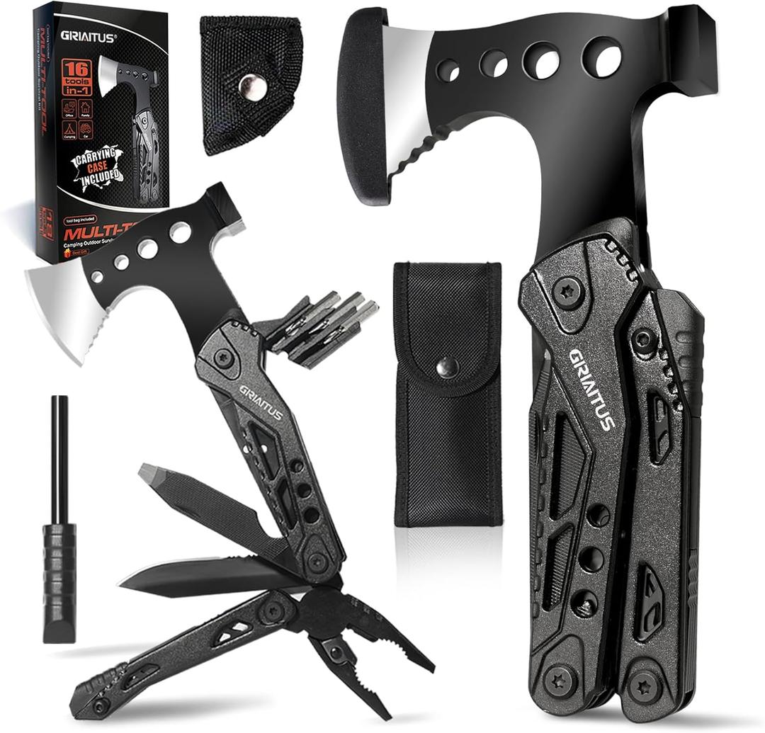 Camping Essentials Multitool Camping Accessories Gifts for Men 16 in 1 Multi Tool Survival Gear with Axe Hammer Pliers Saw Screwdrivers Bottle Opener Whistle for Camping Hiking, Gifts for Dad Him (Black)