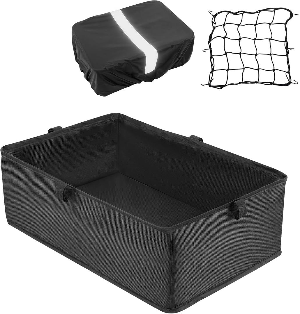 DIRZA Bike Basket Liner with Waterproof Cover and Cargo Net, Heavy Duty Thickened Oxford Cloth Black Basket for Rear Bike Rack (16.5" x 11.6" x 5.5")
