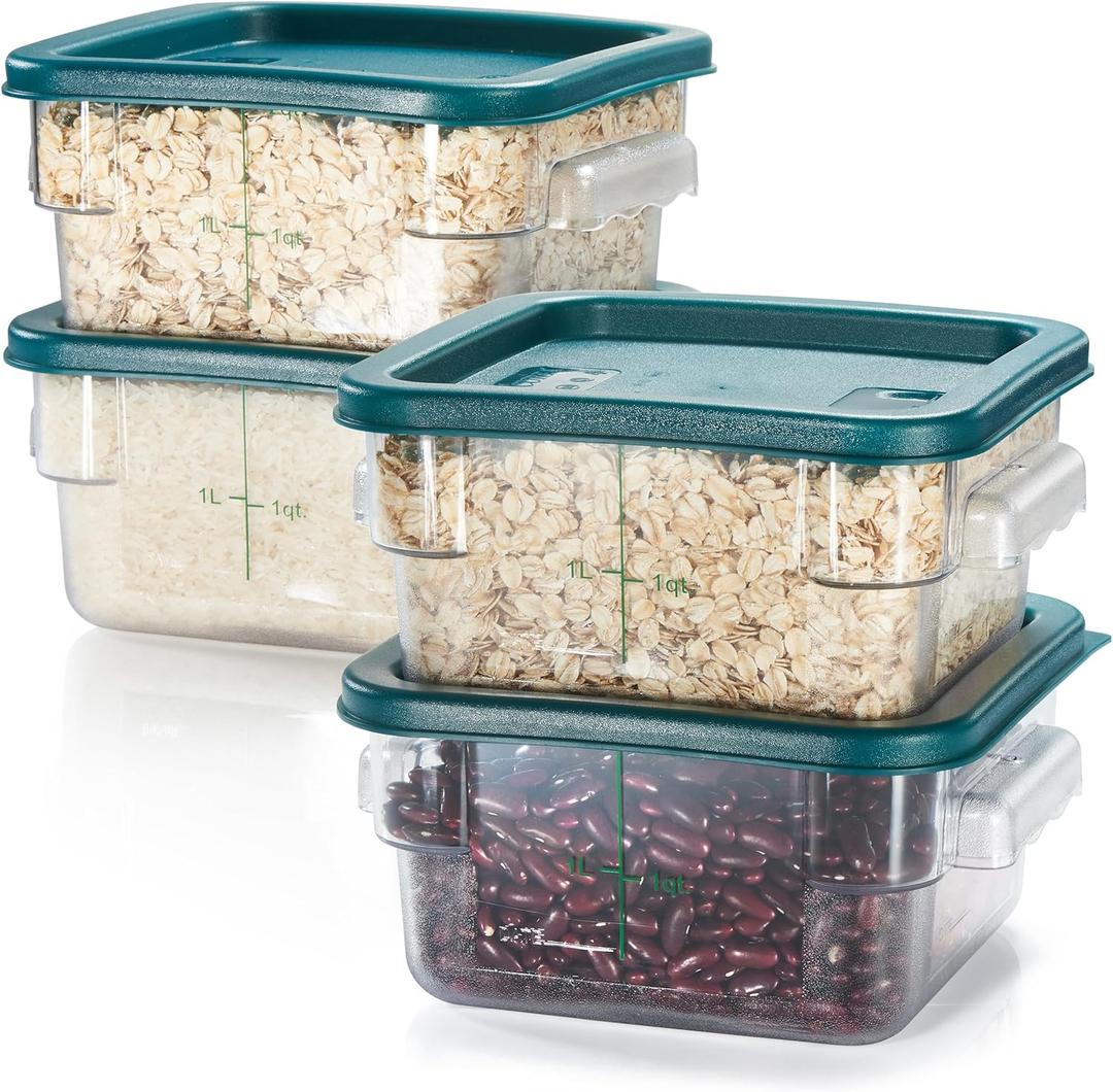 CURTA 4 Pack Food Storage Container with Green Lid - NSF Listed Commercial Grade in 2.0 Qt - Square, Clear, Polycarbonate