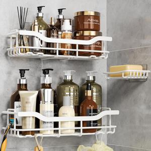 OMAIRA Adhesive Shower Caddy Organizer Rack Storage with Soap Holder, 3-Pack Rustproof No Drilling Shelves for Inside Bathroom, Kitchen, Countertop, Rv, White(X-Large)