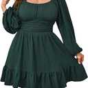 PRETTYGARDEN Long Sleeve Mini Dress for Women 2026 Spring Crewneck Knit Pleated Babydoll A Line Casual Short Party Dresses, Medium