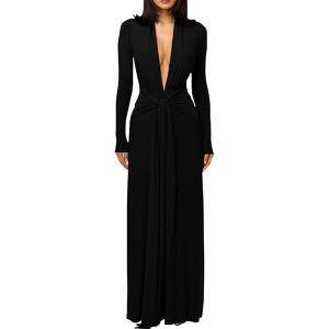 DAAWENXI Women's Sexy Deep V Neck Maxi Dress Long Sleeve Tie Wedding Guest Cocktail Evening Dresses, XL