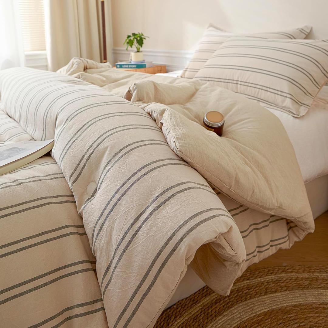 Cyusri Cotton Stripe Full Comforter Set - Soft Lightweight Bedding 3 Pieces Dyed Bed Set with 2 Pillow Shams,Reversible All Season Farmhouse Down Alternative(Full Size 80"x90" Beige)