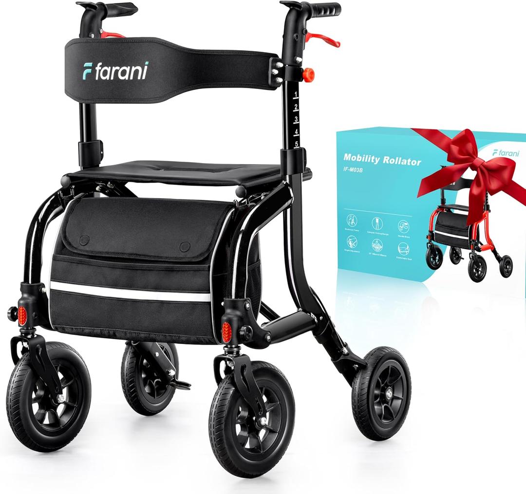 Farani Rollator Walker with Seat, Outdoor Rolling Walkers for Seniors - 10" Large All Terrain Rubber Wheels, Padded Seat and Backrest, Ergonomic Handles, Comfort on Grass (2025 Black)