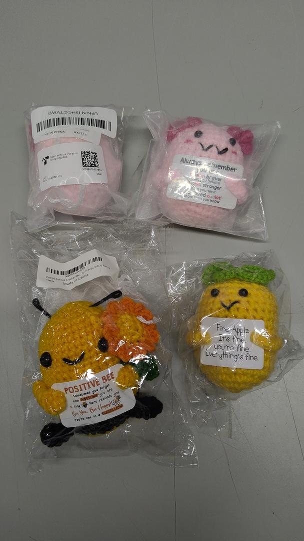 Pack of 4: Funny Positive Pineapple, 3.15 Inch Knitted Pineapple Potato Toy with Encouraging Card Creative Cute Emotional Support Crochet Pineapple Doll for Festival Party Decoration Encouragement Gift +  Mini Funny Bee Positive Crochet Animals - Valentines Day Birthday Gifts for Women Men Teens + Valentines Day Gifts for College Teen Girls, Handmade Crochet Axolotl Tween Girl Gift Trendy Stuff, Easter Basket Stuffers & Pink Birthday Idea for Kids (Set of 2)