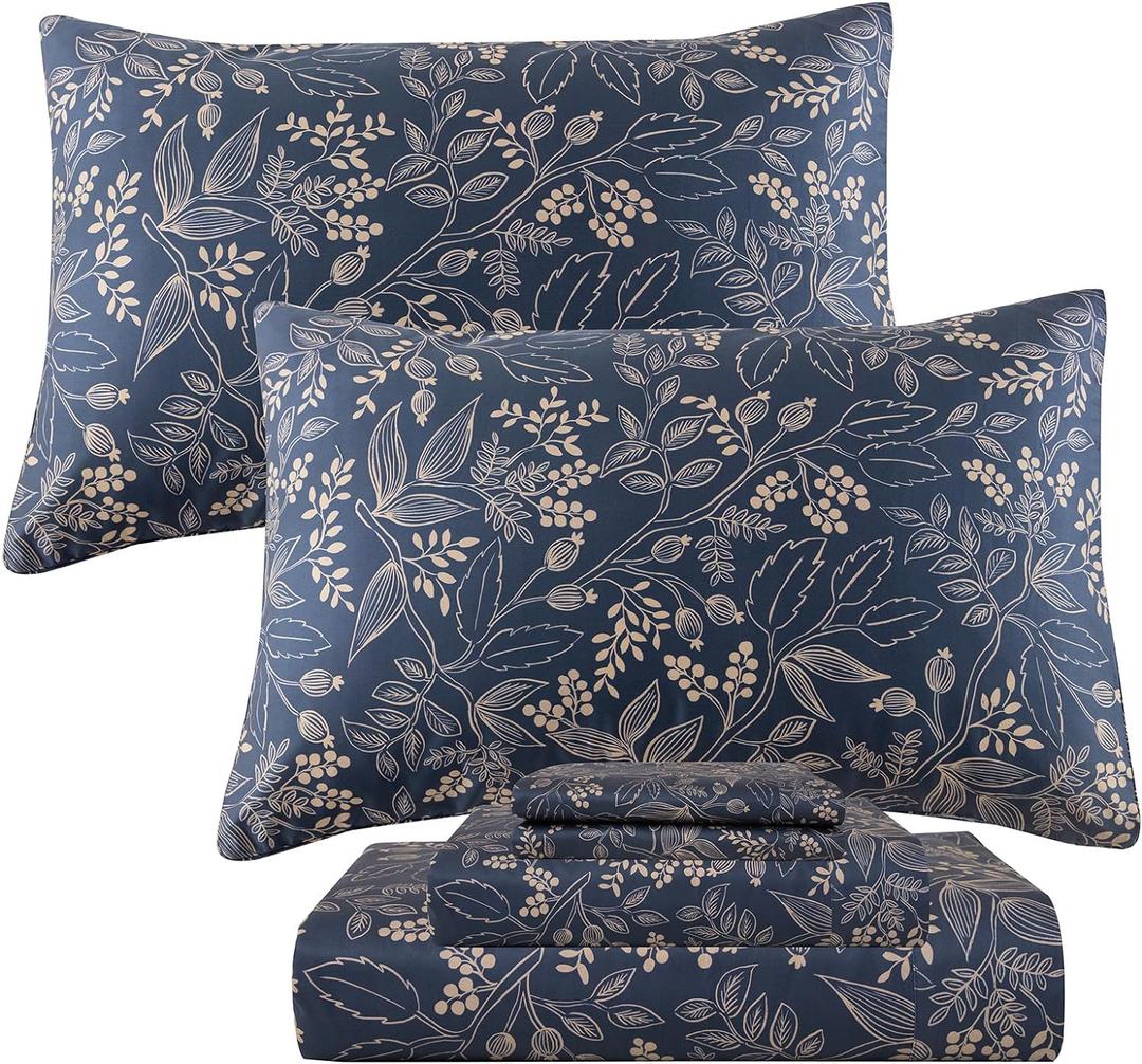 QSH Floral Egyptian Cotton Sheets King Size - Navy Floral Bedding Sheets Botanical Pattern Printed Bedding King Size Bed Sheets 17.5" Extra Deep Pocket 4pcs