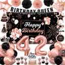 42nd Birthday Decorations for Women Girls, Rose Gold 42 Birthday Party Packs (55pcs), Number 42 Balloons Fiol, Hanging Swirl Flags, Backdrop for Women Girls 42nd Birthday