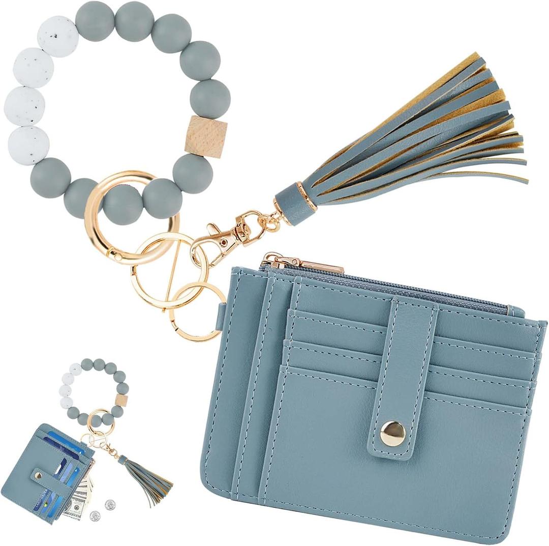 KNGITRYI Wallet Keychain Wristlet for Women,Slim RFID Credit Card Holder Purse Tassel Keychain Bangle Key Ring for Men Women