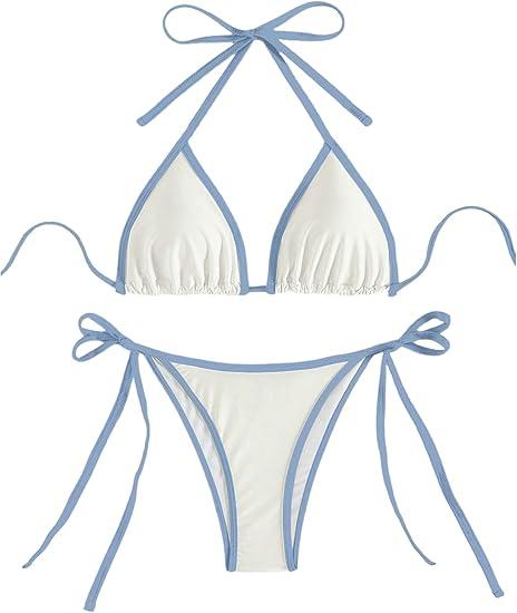 GORGLITTER Women's Contrast Binding Triangle Bathing Suit Halter Swimsuit Tie Side Thong Bikini Set, S, Whit