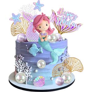 Mermaid Cake Toppers with Shell Starfish Fishtail Balls for Mermaid Birthday Supplies (Style1)