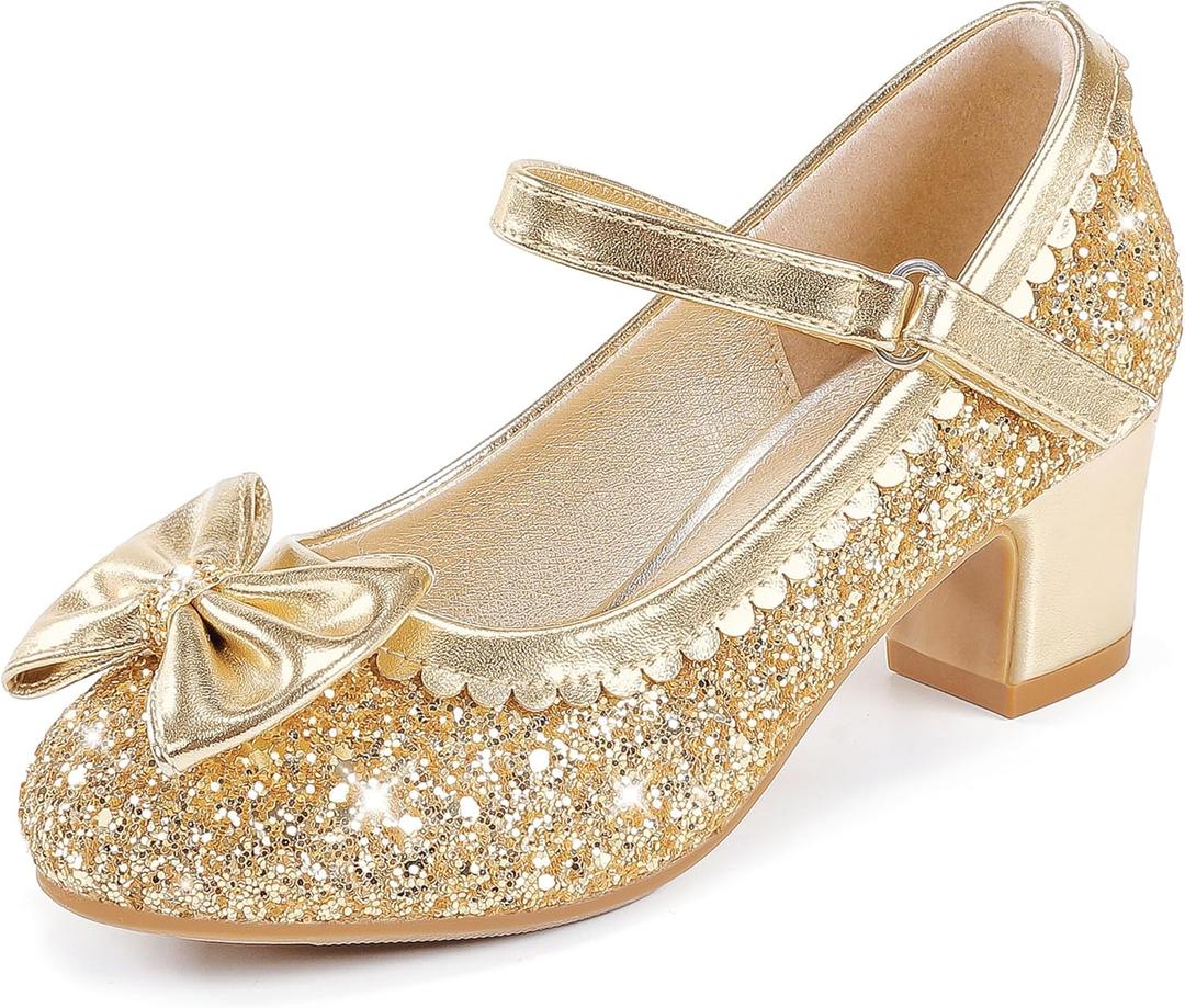 Princess Shoes High Heel Toddler Girls Dress Shoes Cute Bowknot Sparkle Mary Jane Flower Girls Wedding Birthday Party Prom for Little Big Kids (Gold Sequins)
