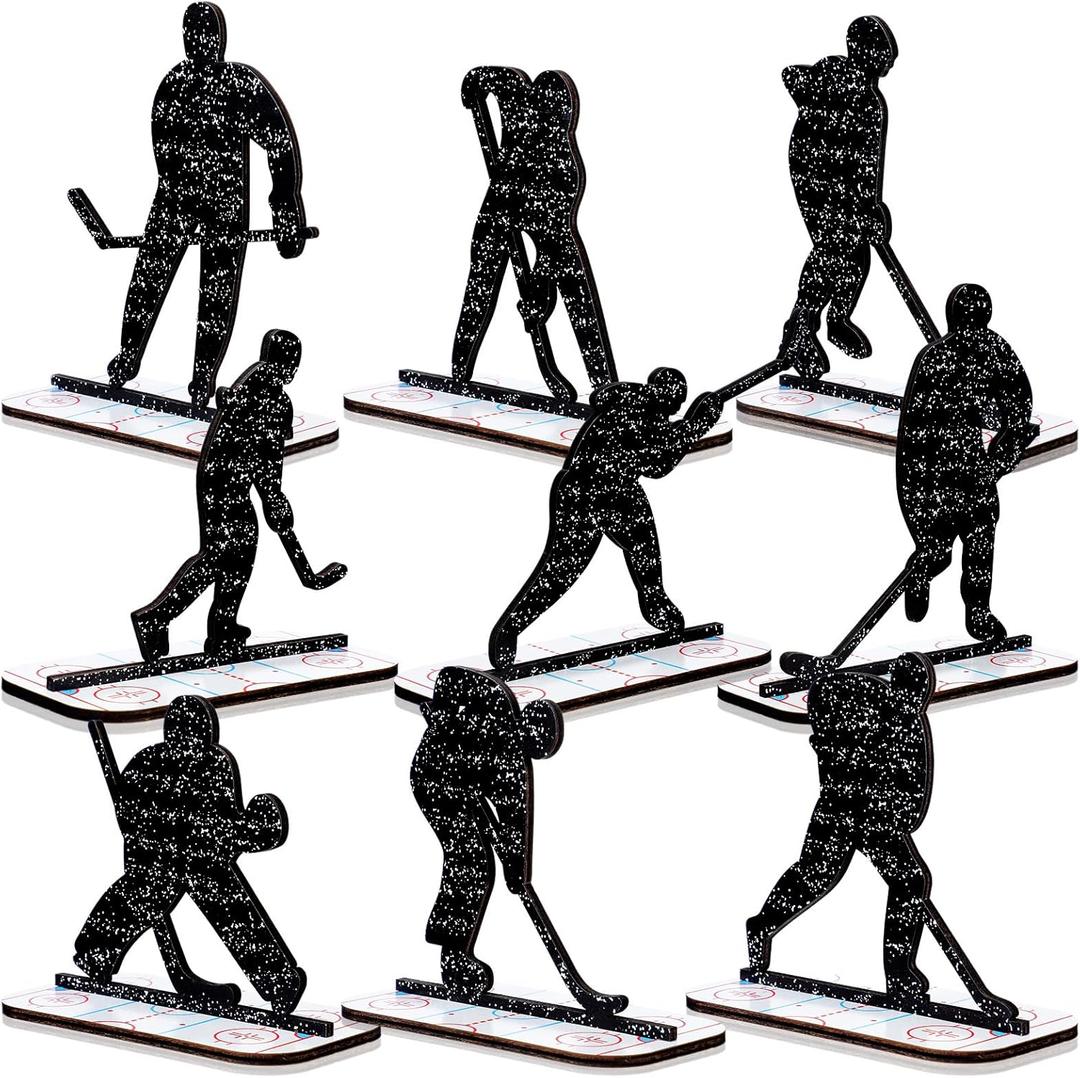 Geelin 9 Pcs Hockey Birthday Table Decoration Wooden Hockey Party Decoration Centerpieces Sports Table Sign Glitter Players Silhouette Ice Puck Tiered Tray Decor for Club Sport Birthday Party Supplies