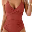 B2prity Women's One Piece Swimsuits Tummy Control Front Cross Bathing Suits Tie Back Slimming V Neck Swimwear (Medium, Brick Red)