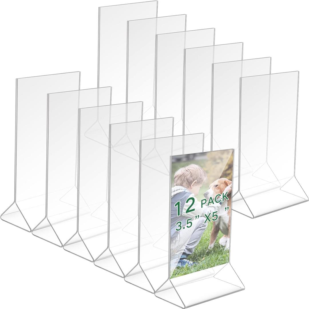 Thyle 12 Pack Acrylic Sign Holder Clear Picture Photo Frame, Double Sided T Shape Menu Table Stands Plastic Paper Flyer Display Stand with Base Photo Holders for Wedding Office Restaurant (3.5x5 Inch)