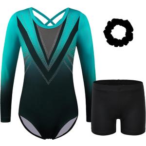 BAOHULU Gymnastics Leotards for Girls Long Sleeve Sparkly Cute Pattern Dance Outfit with Matching Shorts Set (13-14 Years)