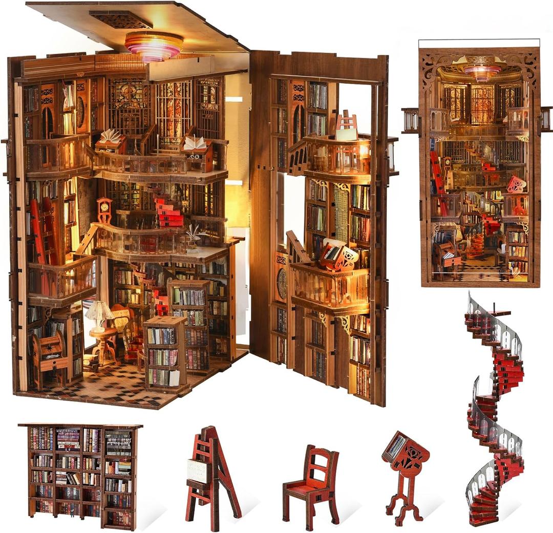 MiniCity Book Nook Kit, DIY Miniature Dollhouse Booknook Kit, 3D Wooden Puzzle Bookend Bookshelf Insert Decor with LED Light for Teens and Adults (Abbey Library)