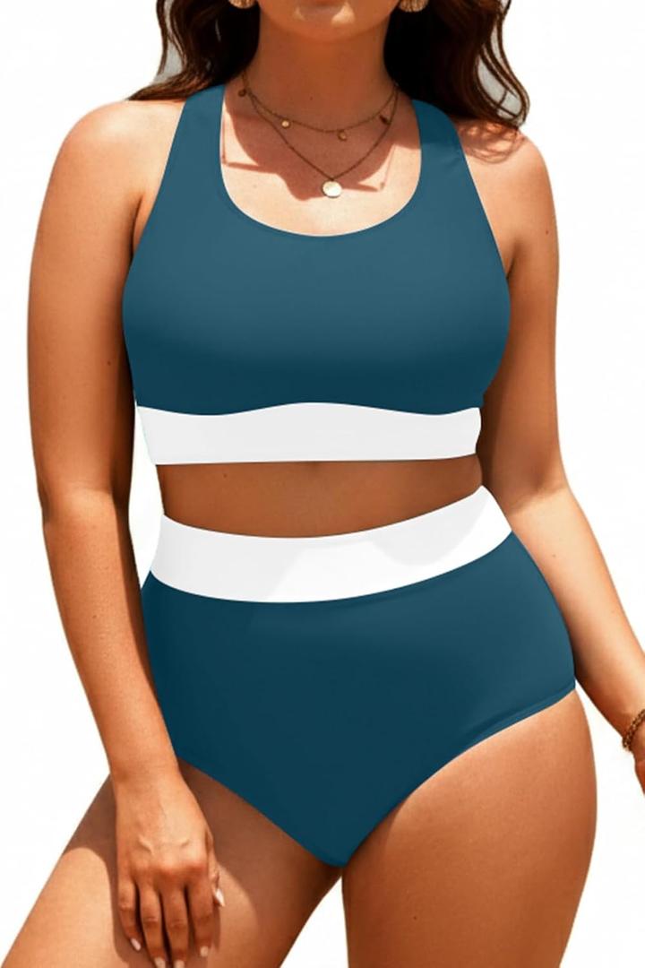 Aqua Eve Plus Size Two Piece High Waisted Bikini Swimsuits Scoop Neck Bikini Set Sporty Bathing Suits (Teal) 20 Plus