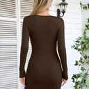VICHYIE Women Dress Cutout Neck Bodycon Keyhole Ribbed Long Sleeve Tight Fall Mid Thigh Pencil Above Knee Mini Dresses Coffee L