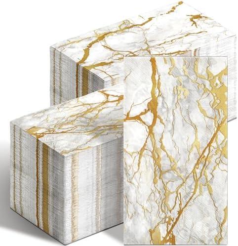 Geyoga 200 Pcs Marble Guest Napkins 2 Ply Disposable Guest Bathroom Paper White Gold Decorative Napkins Marbleized Hand Towels for Home Bathroom Kitchen Party Table Decor