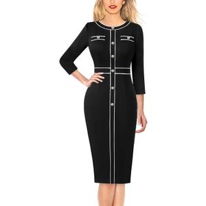 VFSHOW Womens Buttons Patchwork Work Business Office Party Bodycon Pencil Sheath Dress (X-Large, Black)