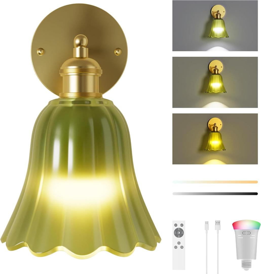 FULEN Battery Operated Wall Sconce with Green Tulip Glass Lampshade Wireless Sconces 10000mAh Rechargeable Battery Powered Wall Light with Remote Control for Vintage Decor Bedside Bedroom Livingroom