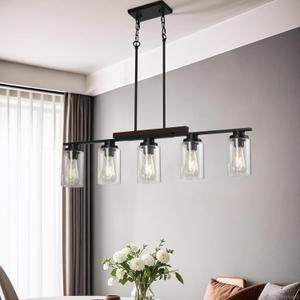 Modern Dining Room Light Fixture, 5-Light Kitchen Island Lighting Hanging/Chandelier Over Table Farmhouse, Modern Black Rustic Wood Pendant Light Fixtures with Clear Glass Shade,Adjustable Height