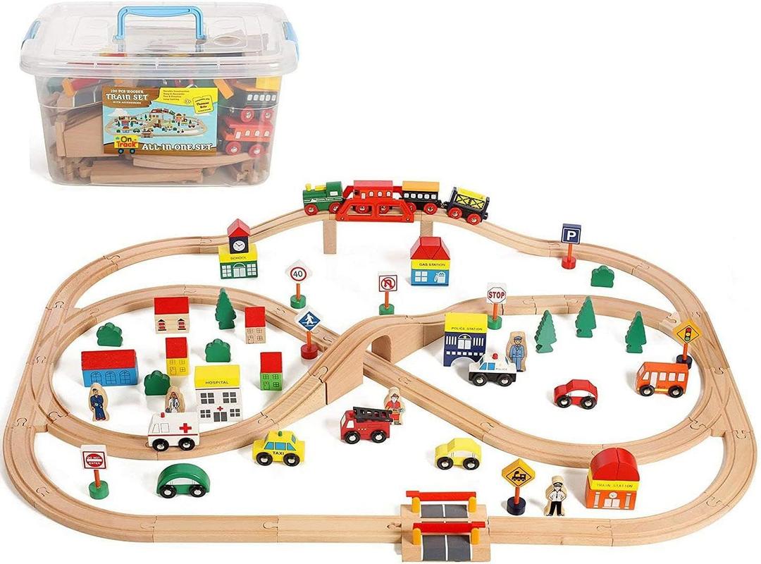 Wooden Train Set 35 Piece All-in-One Wooden Toy Train Tracks Set with Magnetic Trains and Railway Accessories, Comes in A Clear Container, Compatible with All Major Brands