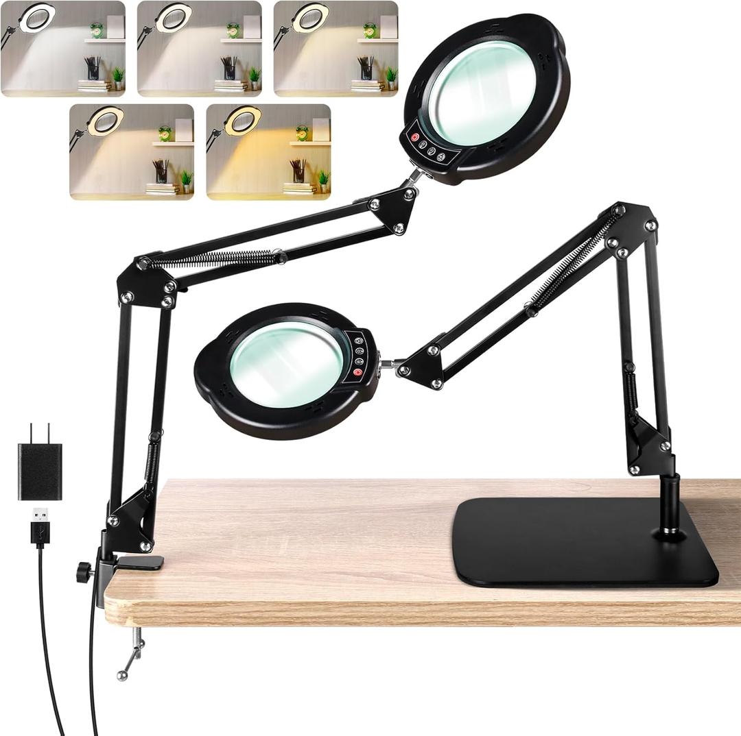 10X Magnifying Glass with Light and Stand, LED Desk Lamp with Base and Clamp, 5 Color Mode, 10 Dimmable Levels, Hands Free for Reading Crafts Jewelry Sewing Close Work (Black)