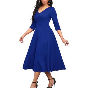 Nmoder Women's Casual Wrap Flared Midi Dress Wedding Guest Cocktail Tea Dresses A-Line Swing V-Neck 3/4 Sleeve (Medium)