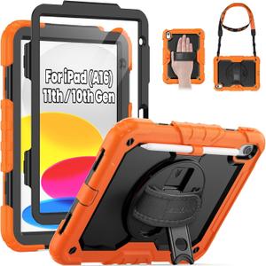 SEYMAC for iPad (A16) 11th/10th Generation Case 2025/2022 (11/10.9), Sturdy Heavy Duty Full-Body Shockproof Protective Case with Screen Protector, Rotating Stand, Hand/Shoulder Strap, Black/Orange