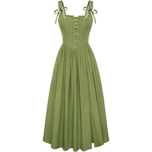 Scarlet Darkness Corset Dress for Women Maxi Cocktail Renaissance Costume | For Halloween, Ren Faire, Wedding, Medieval Party, Princess Cosplay. Pockets, Boned Corset, Lacing, Slit Hem, Square Neck (Green, XL)