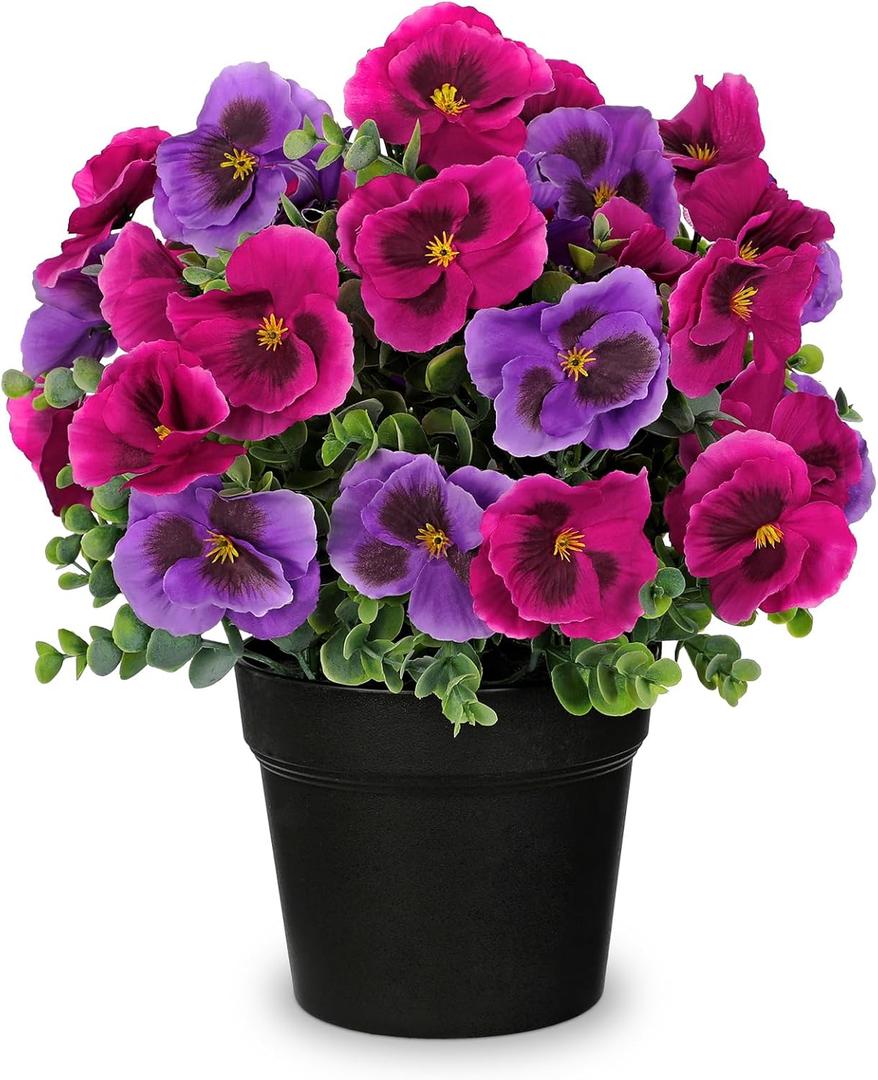 Briful Pansy Artificial Flowers, 13.7 Realistic Faux Pansy Flower in Black Pot, Fuchsia Fake Flowers for Indoor Outdoor Decor, Farmhouse Table Decor, All Seasons Flowers for Home Dining Porch Dcor
