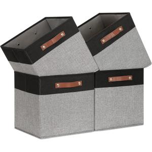 Temary 13 x 13 Storage Cubes Foldable Storage Cubes 4 Pack Canvas Storage Bin for Home, Square Storage Baskets with Leather Handles (Black&Grey)