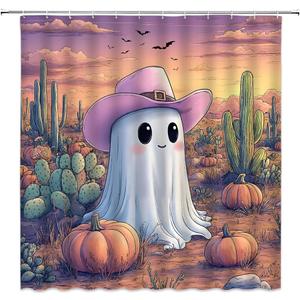 Halloween Desert Ghost Shower Curtain Tropical Cactus Pumpkin Scary Bat Mountain Sunset Scene Bathroom Decor Polyester Curtains with Hooks,70Wx70L (Orange)