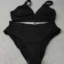 Sexy Ribbed Bikini Set 2 Piece Womens High Waisted V-Cut Cheeky High Leg Tummy Control Longline Swimsuit (Medium, Black)