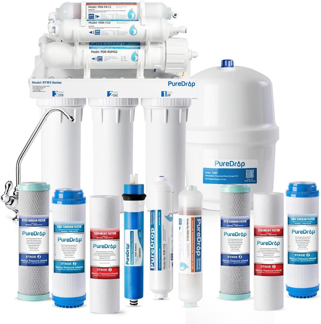 PureDrop RTW5AK SGS-Tested Reverse Osmosis Alkaline Water Filter System, 6 Stage pH+ Alkaline Remineralization Under Sink RO Water Filtration System Plus Extra 3 Filters, 50 GPD