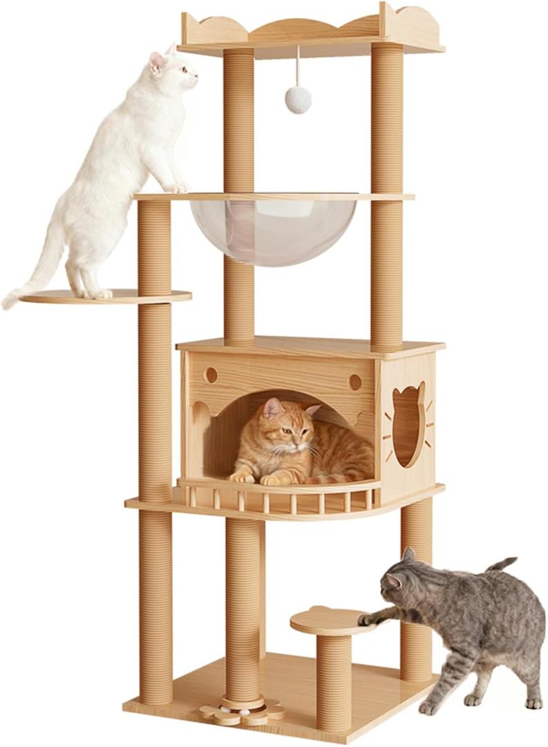 KVIDA Solid Pine Wood Cat Tree for Indoor Cats, 56.7 Tall Modern Cat Tower with Clear Acrylic Hammock & Condo House, Heavy Duty Wooden Cat Tree for Large Cats with Sisal Scratching Posts