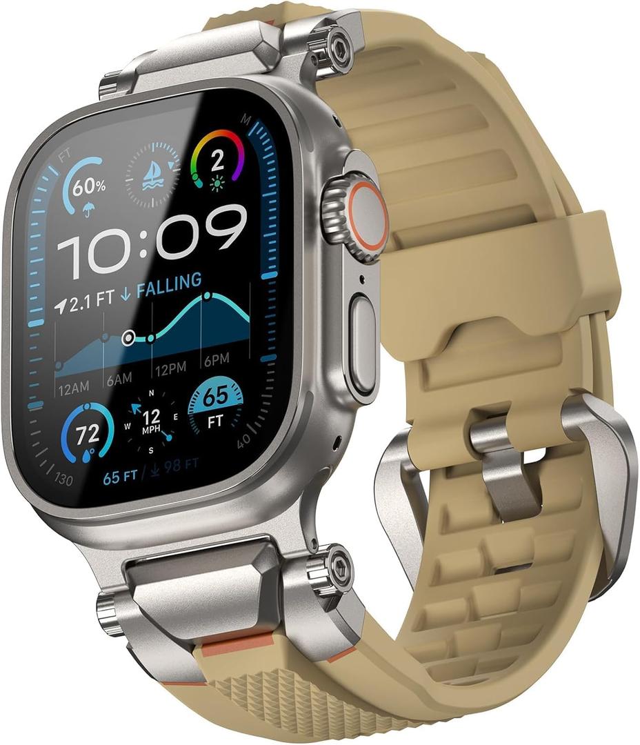 ULTIMAL Rugged Band for Apple Watch Ultra 3/2/1 49mm, Series 11/10/9/8/7/6/5/4 SE 46mm/45mm/44mm, Waterproof, Soft TPU Strap with Stainless Steel Buckle & Connectors, Sweat-Resistant, Easy to Clean, Fits 155-225mm Wrist (Beige)