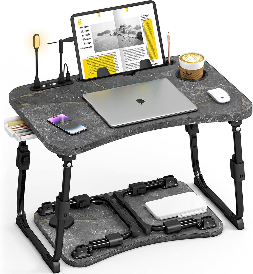 Lap Desk for Bed Adjustable Height, Foldable Bed Table with Storage Drawer, Tablet Slot & Cup Holder, Portable Laptop Stand for Bed & Sofa, Bed Desk for Adults & Kids, Deep Stone Color